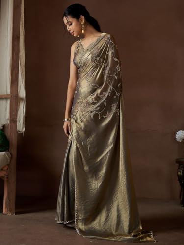 SAREE MALL Women's Gold Pure Silk Embellished Saree With Unstitched Blouse (MAHEK767D_MK)