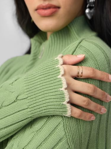 The Souled Store High-Neck Sweater: Soft Sage Women and Girls Full Sleeves Mock Neck Green Solid Acrylic Ribbed Texture Lightweight Everyday Oversized Fit Sweater