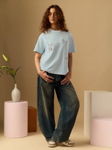 The Souled Store Party Animal Women and Girls Short Sleeve Round Neck Light Blue Striped Embroidered Cotton Oversized Breathable Streetwear Casual Summer T-Shirts