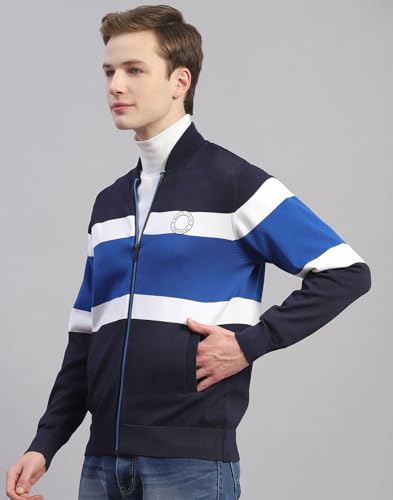 Monte Carlo Mens Navy Blue Striped Mandarin Collar Full Sleeve Polyester Casual Sweater (1239384FZ-1-40)