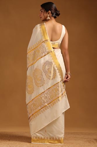 Soch Womens Cream Cotton Zari Woven Kasavu Saree