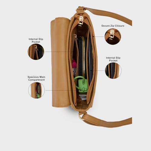 Caprese Siji Tresna Medium Crossbody Bag for Women with Adjustable Strap & Zip Closure | Kashida Velvet Embroidery Sling Bag | Stylish & Lightweight Bag for Daily Use, Travel & Casual Outings (Brown)