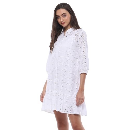 BIBA Women Cotton Straight Embroidred Dress Knee-Length Casual CASUALDRESSES2507SS24WHT_White