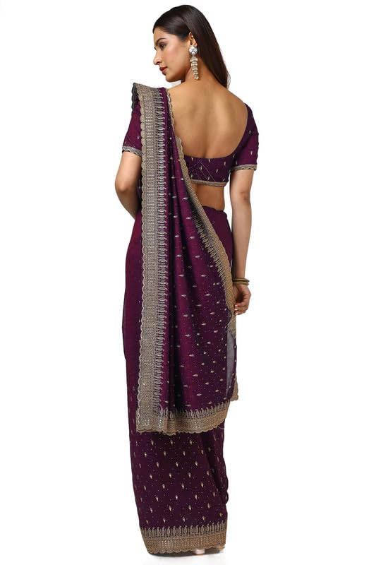 Soch Womens Wine Tussar Embroidered Saree With Stone Work