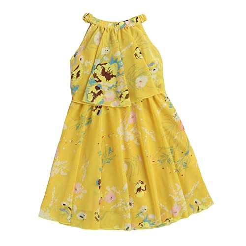 Hopscotch Girls Knee-Length Floral Print Casual Dress in Yellow Color for Ages 5-6 Years