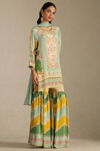 Soch Womens Powder Blue Crepe Floral Print Suit Set With Mirror Work