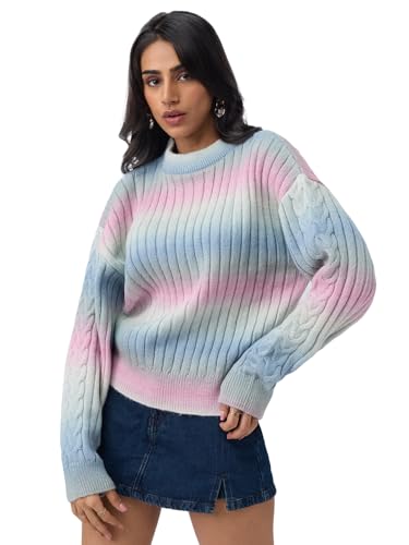 The Souled Store Blushwood Women and Girls Full Sleeves Round Neck Light Blue Pink Pastel Tie Dye Acrylic Polyester Ribbed Knit Casual Winter Oversized Pullovers