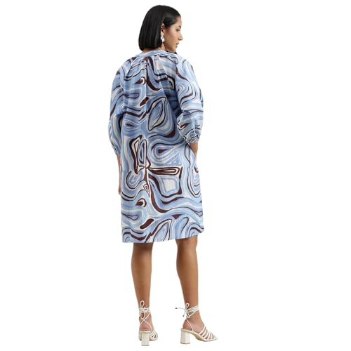 United Colors of Benetton Regular Fit Mandarin Collar Printed Dress (Size : L) - 26P4WVNDR329I902 Blue