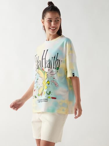 Bewakoof Official Garfield Merchandise Women's Graphic Printed Oversized Fit Half Sleeve Round Neck Cotton Jersey T-Shirt_648815_White_L
