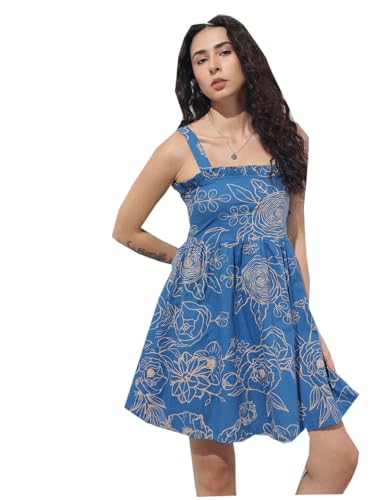 Divena Blue Shoulder Strap Poplin Cotton Mini Dress-DK2315