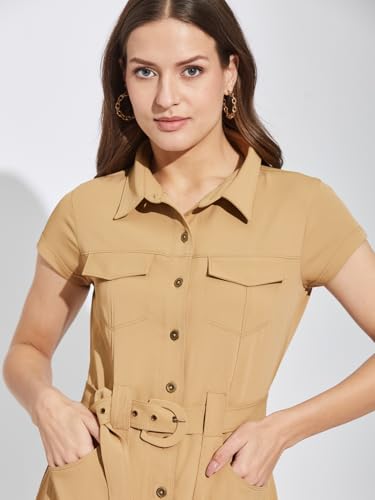 Latin Quarters Women Beige Collar Neck Cap Sleeves Solid Above Knee Shirt Dress for Casual Wear_S