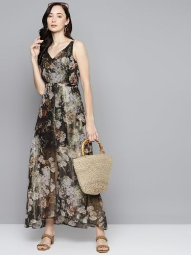 SASSAFRAS Green Floral Chiffon V-Neck Belted Maxi