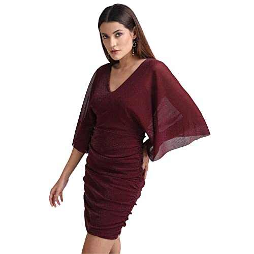 Kazo Solid Polyester Blend V Neck Women's Mini Dress (Purple,Medium)