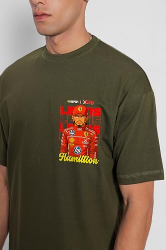 Starton Apparel Unisex Cotton Formula 1 Lewis Hamilton Norris Senna F1 Motorsport Graphic Print Oversized Fit T-Shirt (in, Alpha, S, Plus, Olive Lewis)