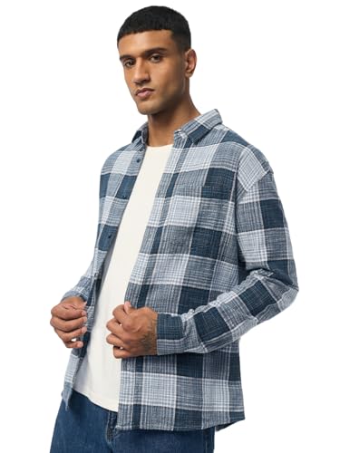 The Souled Store Crinkled Shirt: Cerulean Men and Boys Long Sleeve Button Down Collar Blue Plaid Lightweight Everday Office Wear Easy to Style Relaxed Fit Casual Cotton Shirt
