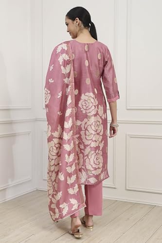 Biba Women Pink Chanderi Blend Printed Embroidered Unstitched Suit Set_FREE SIZE
