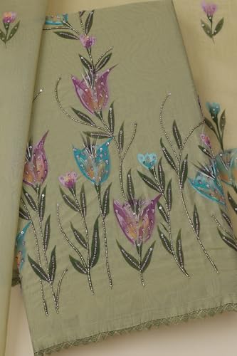 Soch Womens Green Chanderi Floral Print Unstitched Dress Material With Cutdana
