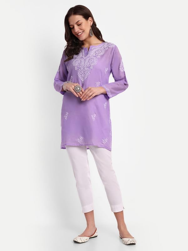 Ada Hand Embroidered Lucknowi Chikankari Cotton Straight Short Kurti Top for Women A911343 Lavender (M)