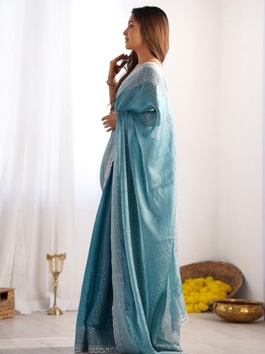 SAREE MALL Women's Turquoise Organza Embellished Saree With Unstitched Blouse (KESARI12601_KR)