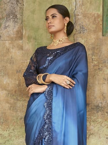 Zeel Clothing Women's Navy Blue Embellished Embroidered Satin Saree with Blouse (ZURI-1102-Navy-Blue-Sarees-For-Womens, Navy Blue)
