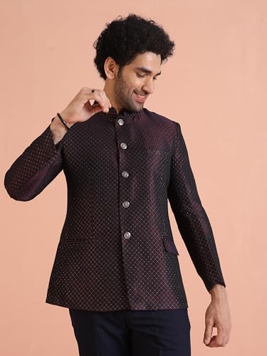 KISAH Men's Jodhpuri Bandhgala-Blazer Trouser Set, Magenta Silk Blend, Woven Design Regular Fit Mandarin Collar Long Sleeves (38)
