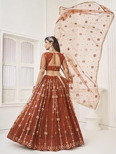 Zeel Clothing Womens Net Lehenga Choli Semi-Stitched Brown Wedding Bridal Free Size
