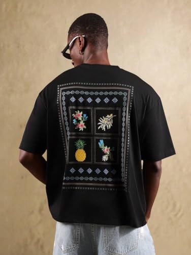 GURIK Men's Oversized Baggy Fit Drop Shoulder Printed Tshirt(SF-Mens-Oversize-Tshirt-Pine Apple-Black-XXL)