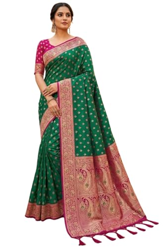 SGF11 Women's Kanjivaram Soft Silk Saree With Unstiched Blouse Piece (Green)