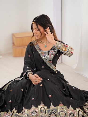JIHU CULTURE Women's Natural Silk Coding Dori With Sequence Embroidery Work Semi Sttiched Lehenga Choli Set For Wedding (Black)
