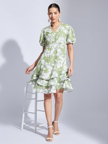 Latin Quarters Women Green V-Neck Half Sleeves Printed A-Line Dress for Casual Wear