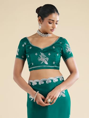AKHILAM Women's Teal green Pure Chiffon Ethnic Motif Embellished Saree With Unstitched Blouse Piece (ANIKA2302_AG)