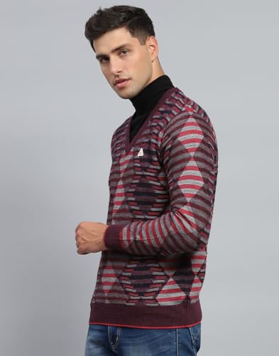 Monte Carlo Mens Striped Wine V Neck Full Sleeve Pullover (1243199VN-2-46)