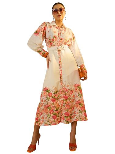 Sassafras Women Off White Floral Midi Belted Shirt Dress-M