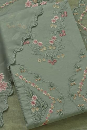 Soch Womens Turquoise Blue Organza Shimmer Embroidered Unstitch Dress Material With Thread Work