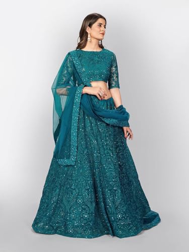 Zeel Clothing Womens Thread Sequins Embroidery Soft Semi-Stitched Net Lehenga Choli Set With Dupatta (6017-Teal-Green-Wedding-Stylish-Latest; Free Size)