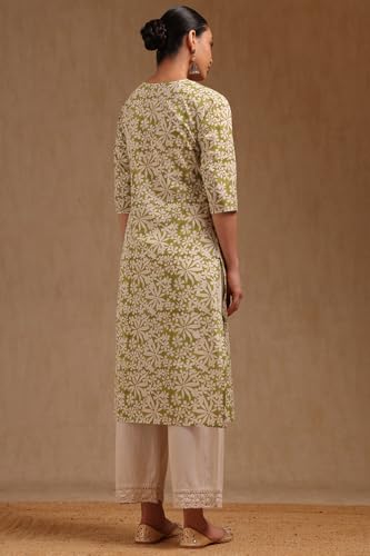 Soch Womens Green Cotton Floral Print Kurta with Thread Work