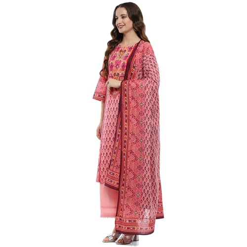 BIBA Women's Pink Cotton Straight Suit Set (SKDUZBEK9875AW24PNK