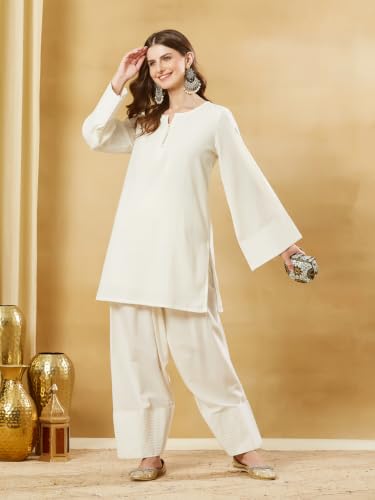 Divena Off White Solid Cotton Pathani Suit Set