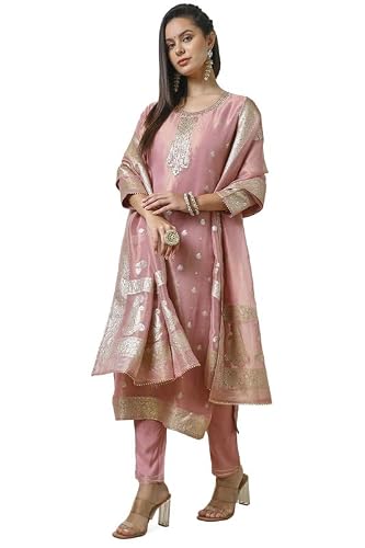 Soch Womens Pink Zari Woven Straight Tissue Suit Set With Sequins