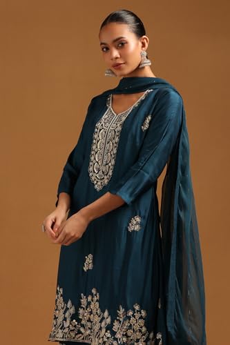 Soch Womens Teal Blue Roman Silk Floral Suit Set With Hand Embroidery and Bead Details