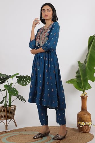W for Woman Teal Blue Embroidered Yoke Gathered Rayon Kurta, Straight Pants and Dupatta Set (Size: S)-WS12183-124706