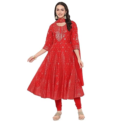 BIBA Cotton Women Printed Anarkali Salwar Kurta Dupatta(Skdgold Mur9148_Red_34)