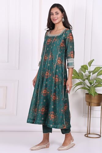 W for Woman Green Floral Printed Sequined Anarkali Kurta, Straight Pants and Dupatta Set - (WS13272-126611-S)
