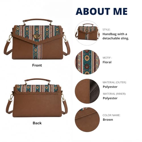 TEAL BY CHUMBAK Botanical Bail Flap Handbag for Women - Brown Polyester Flap Handbag with Adjustable Strap, 4.5L Storage | Snap Button Closure Sling Purse | Gifts for Women, Ladies Purse