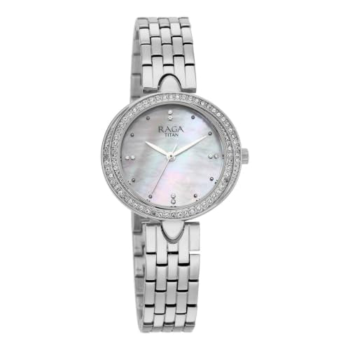 Titan Raga Showstopper 5.0 Quartz 3 Hands Round White MOP Dial, Silver Strap Watch for Women - 95463SM01