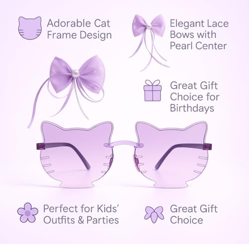 Kids Cat Eye Sunglasses with Lavender Hair Bow Clips Combo for Girls | UV Protection Stylish Accessory Set of 2