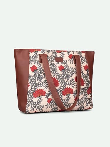 ZOUK Nawabi Couture Floral Printed Women Jute Vegan Leather Red & Beige Side Tote Bag For Ladies With Double Handle