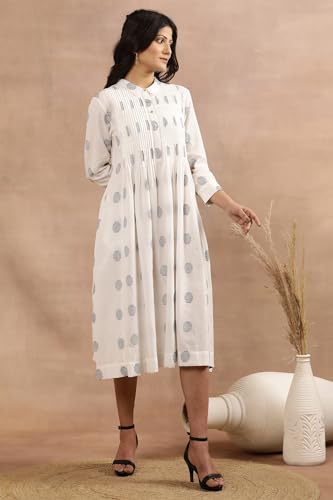 W Women White Polka Print Cotton Flarred Dress_24FEW11081-313884_L