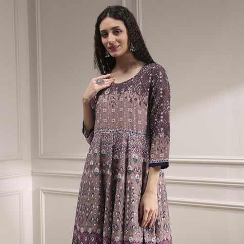 Biba Women Mud Brown Cotton Anarkali Printed Kurta Set_42
