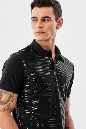 SNITCH Men's Polo T-Shirt | Metallic Dotted Design with Buttoned Closure | Nylon Blend Fabric for Comfort & Stretch | Breathable & Stylish Casual Wear | Black